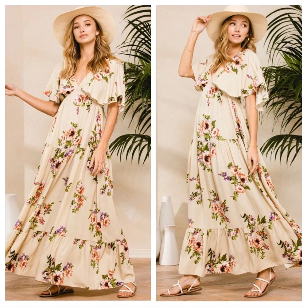 16 Most Fabulous Boho Chic Floral Flutter Sleeve V Neck Long Tier Maxi Dress - Picture 2 of 5